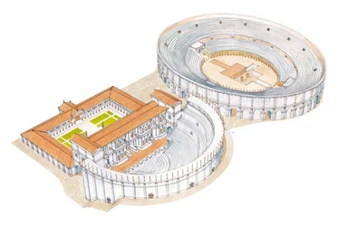 Römisches Theater und Amphitheater. Rekonstruktion. Merida, Spanien